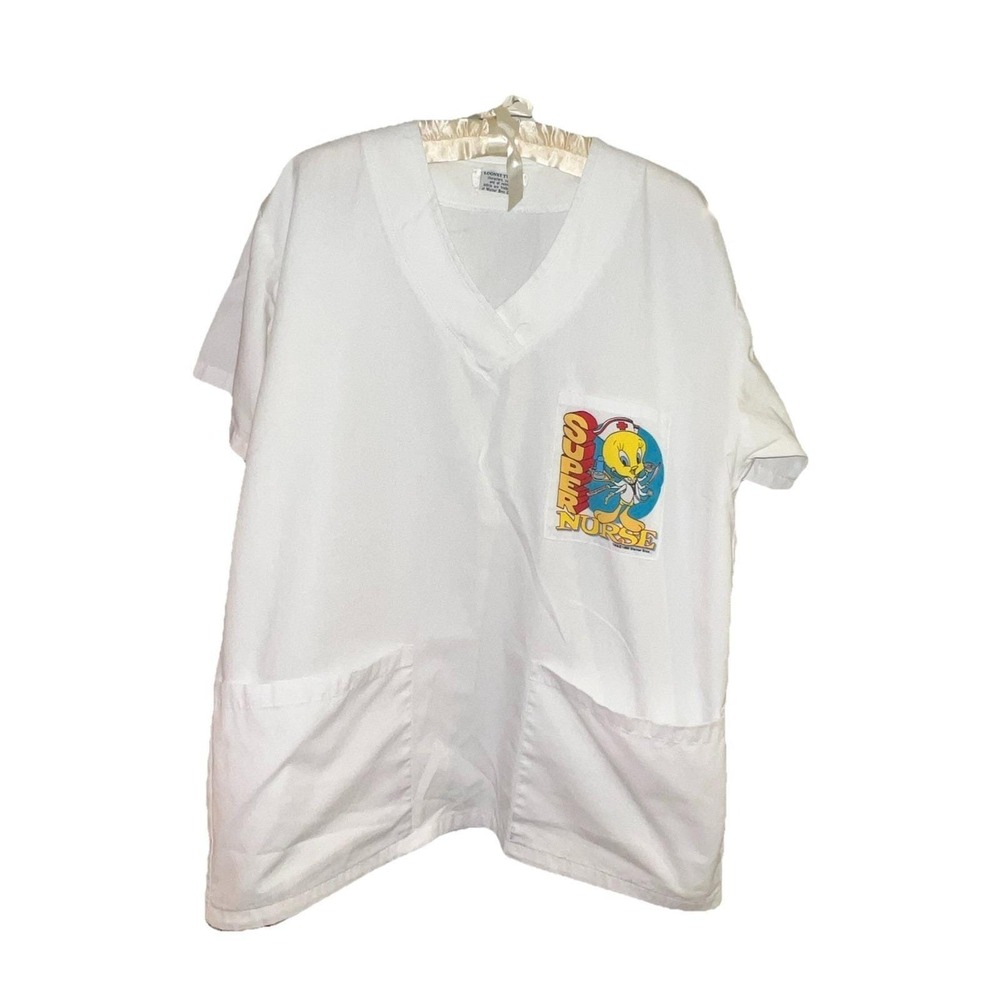 Vtg 90s Looney Tunes Tweety Bird Scrub Top Super Nurse White L/XLX